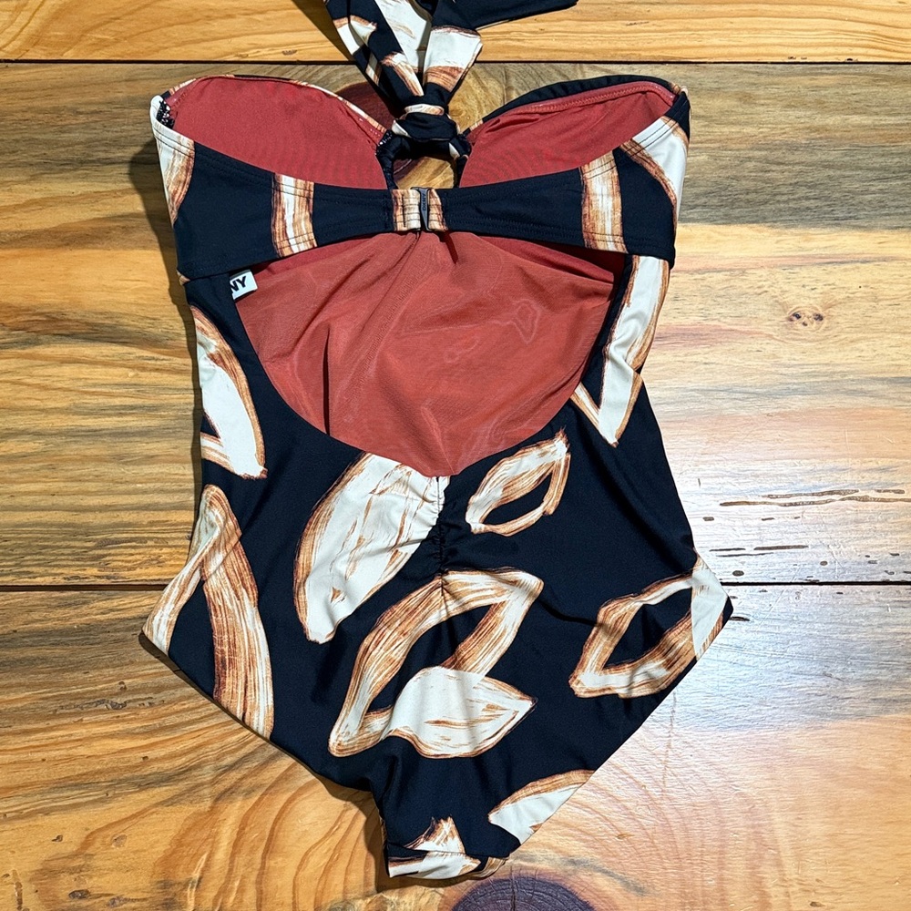 DKNY Black One-Piece Swimsuit with Cream & Brown Leaf Print, Women’s 8, NWOT - Picture 3 of 9